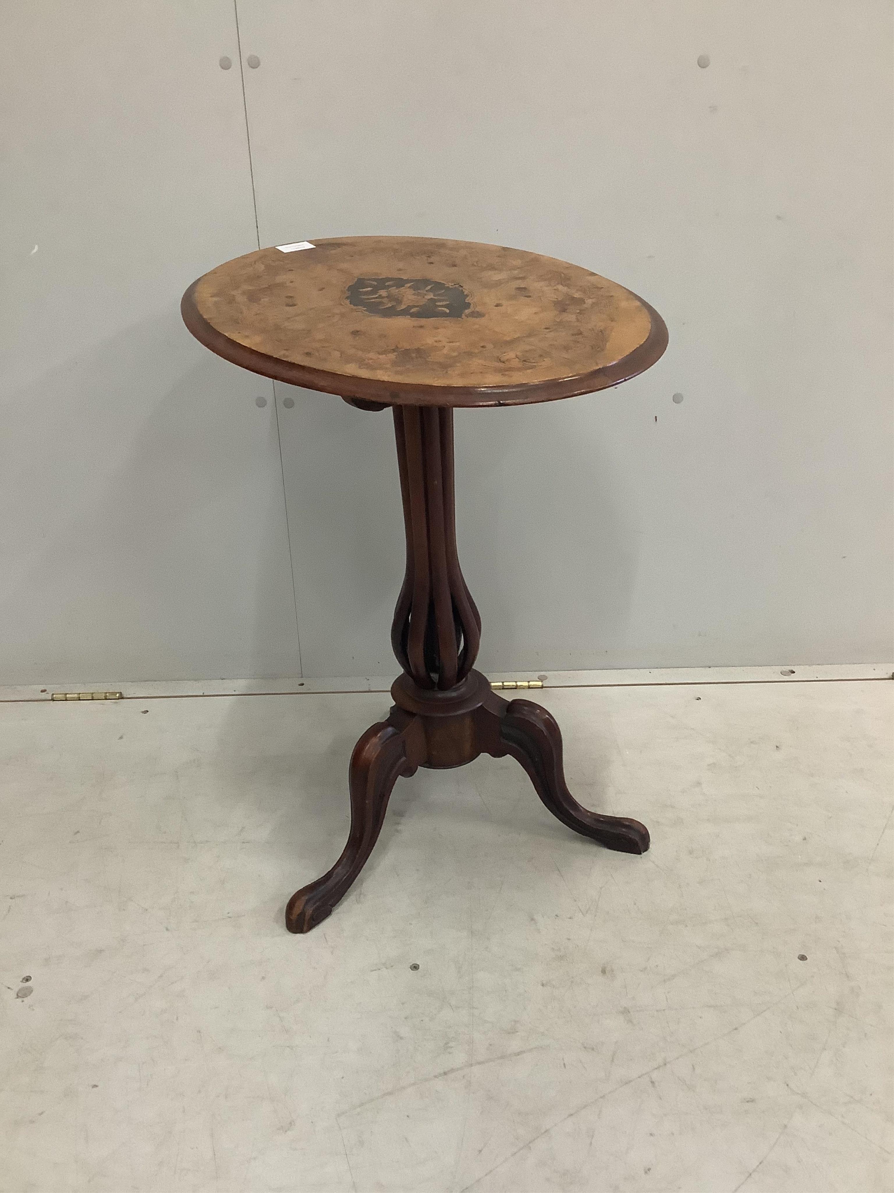 A Victorian marquetry inlaid oval walnut tripod wine table, width 60cm, depth 40cm, height 69cm
